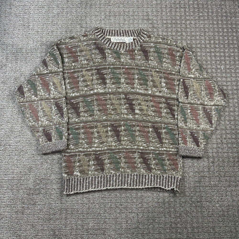 Vintage Crossings Mens M 3D Texture Knit Cotton Sweater Earth Tone Made in USA